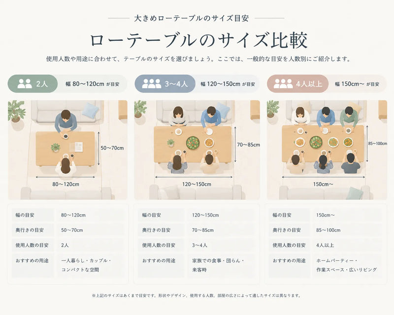 大きめのローテーブルのサイズは幅120cm前後が目安