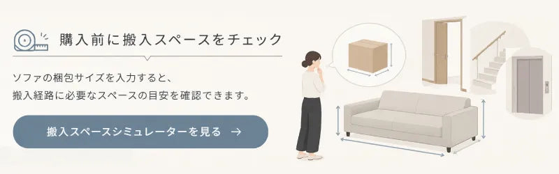商品の梱包サイズを入力して、エレベーター・階段・ドア・廊下など、搬入に必要なスペースの目安を確認できます。