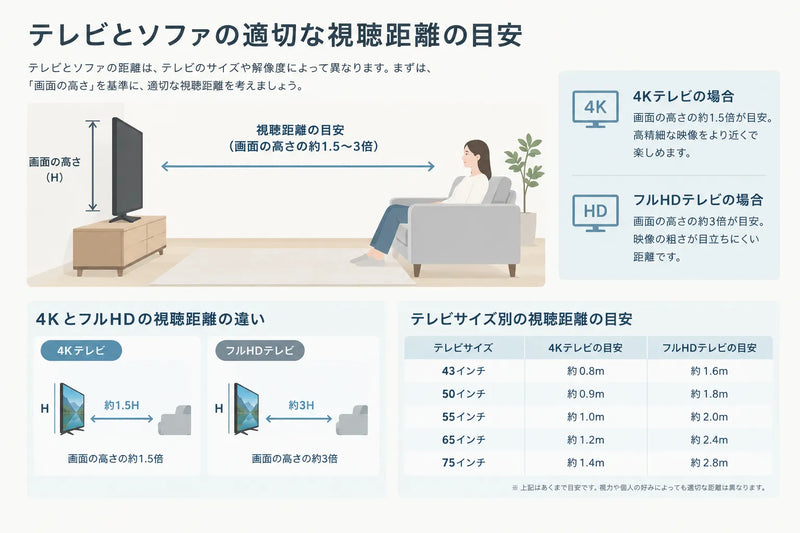 テレビの解像度やサイズに合わせて、適切な視聴距離を確認しましょう。