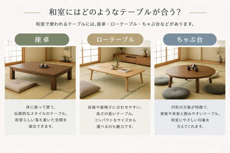 和室で使われるテーブルには、座卓・ローテーブル・ちゃぶ台などがあります。